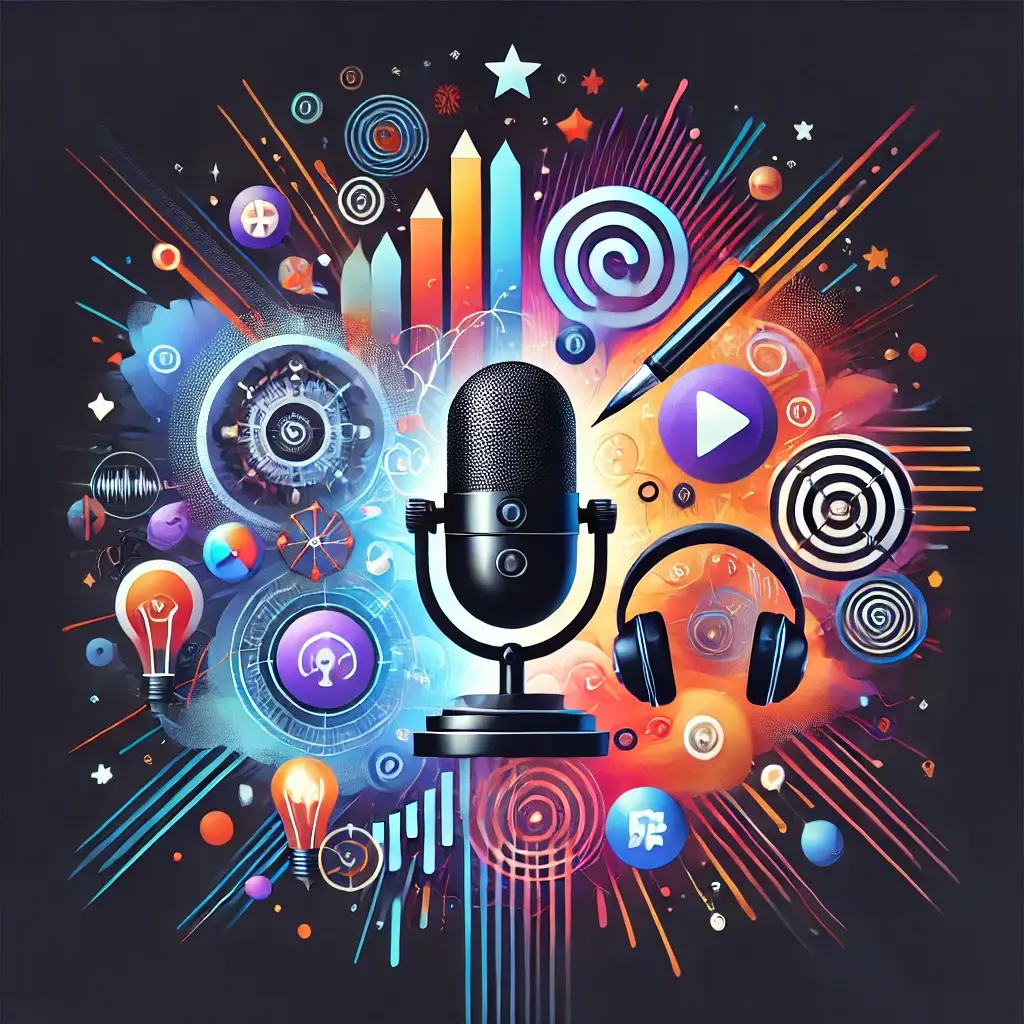 A vibrant illustration with a black background and bright colors, representing the diversity of Veronik'A Path podcasts. A microphone, headphones, and dynamic elements symbolizing well-being, personal growth, entrepreneurship, mindset, hypnosis, and coaching.