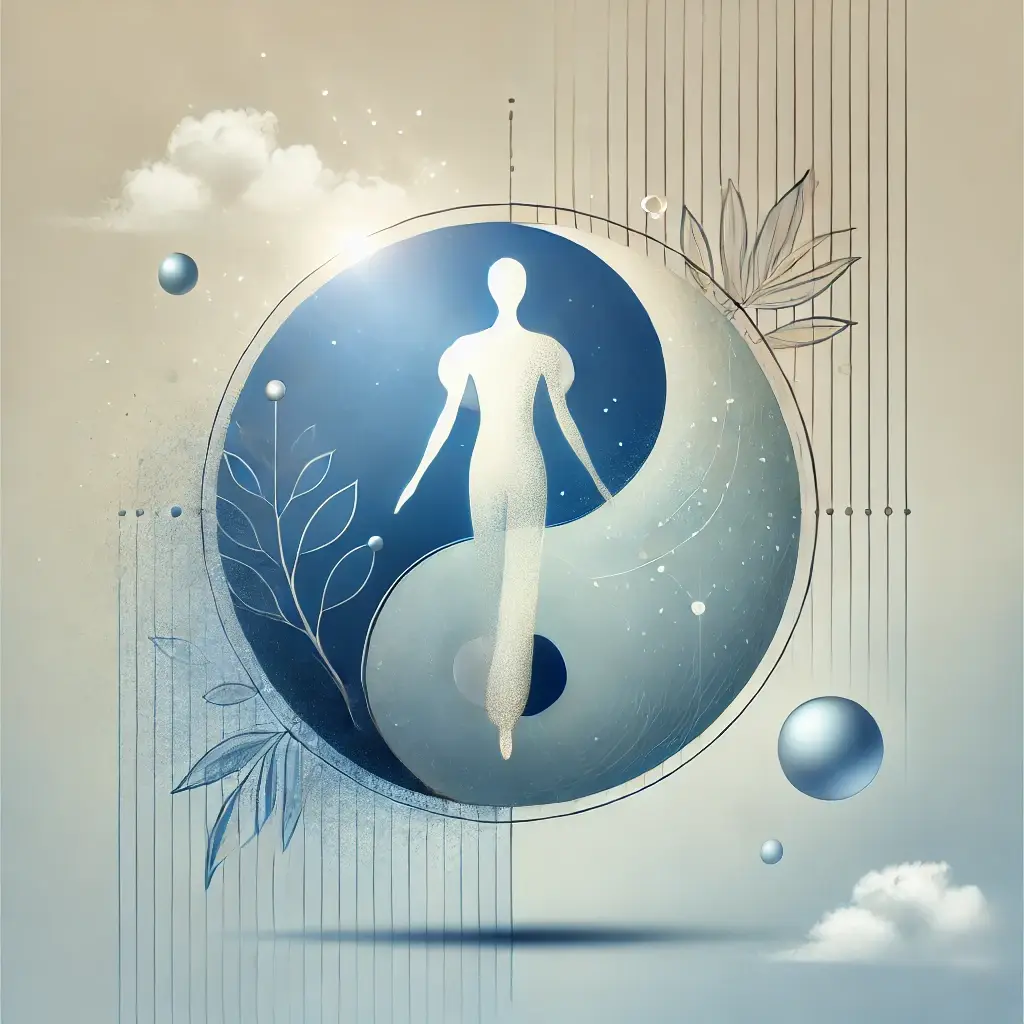 Illustration abstraite d’une silhouette humaine en équilibre au sein d’un symbole Yin-Yang, représentant l’harmonie, la paix intérieure et l’épanouissement personnel.
