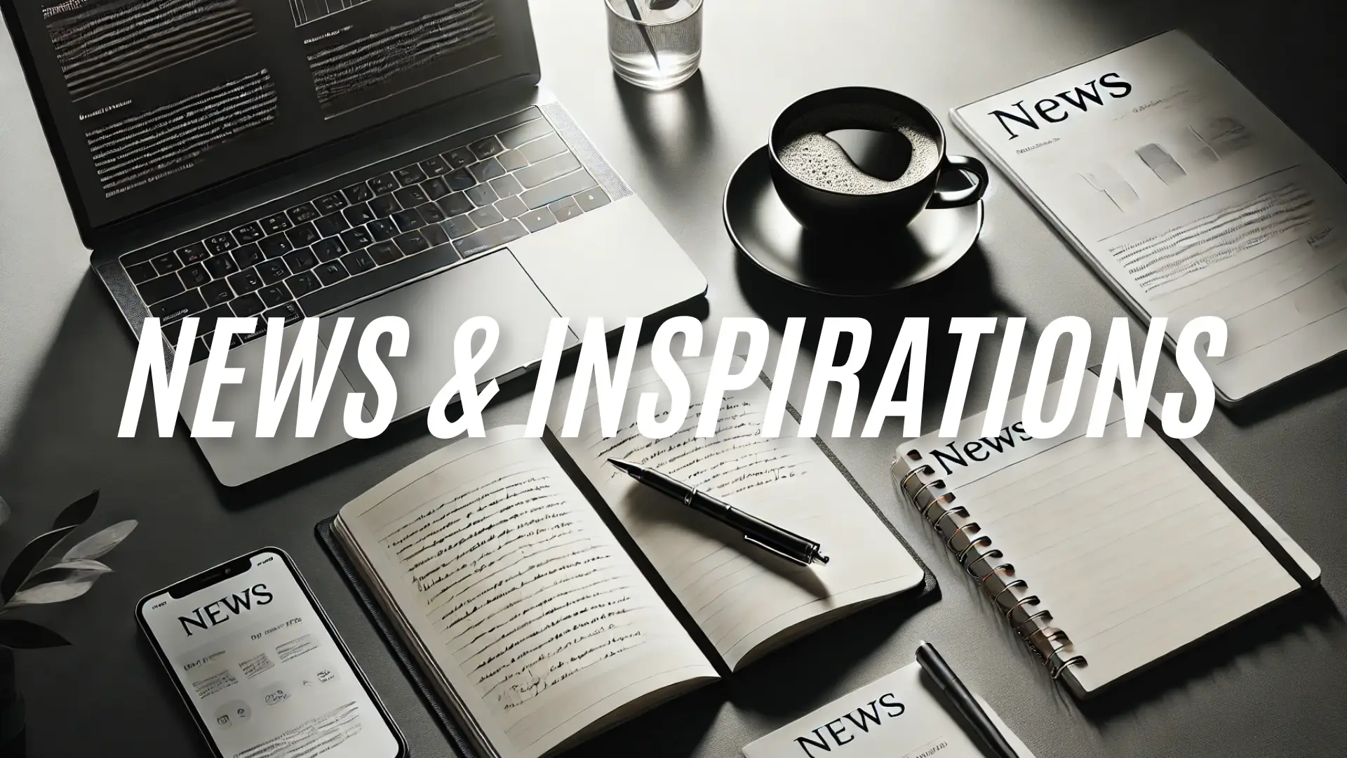 Desk setup with laptop, coffee, smartphone, and notebooks labeled "News", with centered text reading "News & Inspirations".