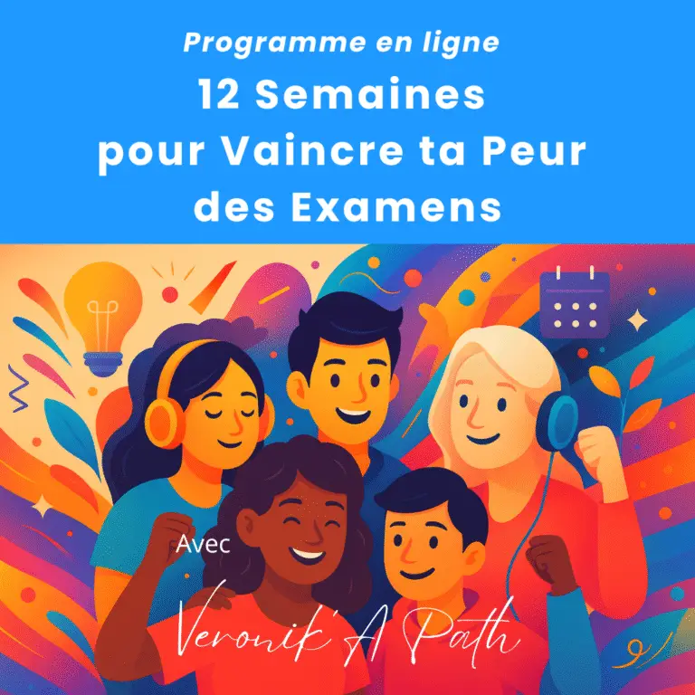 Illustration colorée et inspirante représentant un groupe de personnes de différents âges en train d’apprendre ensemble, symbolisant la confiance, la motivation et la réussite. Image du programme en ligne 12 Semaines pour Vaincre ta Peur des Examens créé par Veronik’A Path, maître en méditation et coach spécialisée en développement personnel.