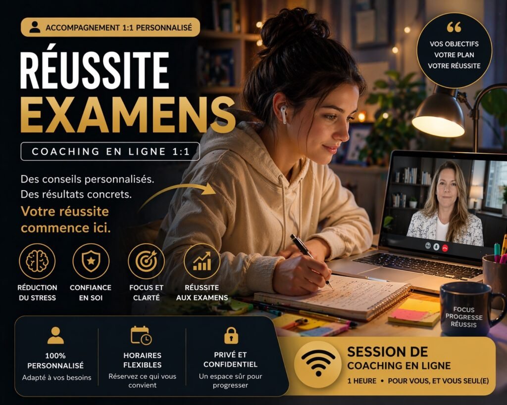 Étudiant en session de coaching individuel en ligne avec un coach en visioconférence pour améliorer sa concentration, réduire le stress et réussir ses examens